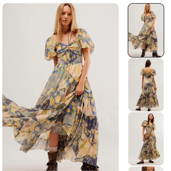 Free People Dresses & Skirts - Bohemian Floral Puff-Sleeve Maxi Dress - Blue & Yellow